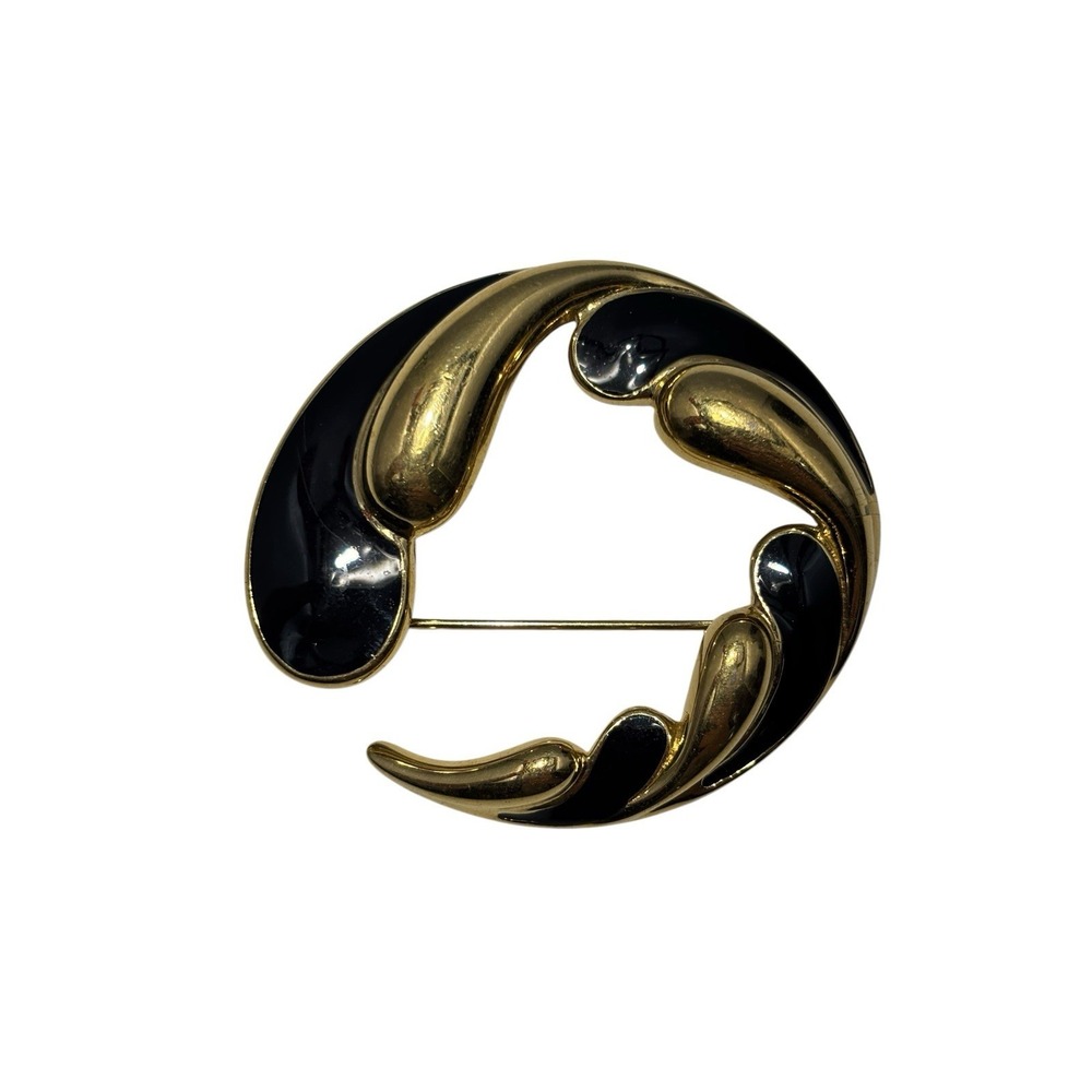 Vintage Signed Trifari Gold Tone Black Enamel Modernist Wave Swirl Brooch Pin